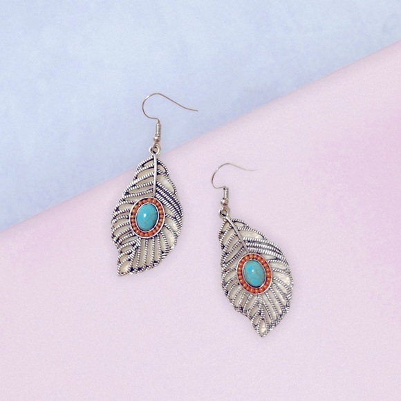Jewelry - Boho Silver Colored Feather Turquoise Earrings